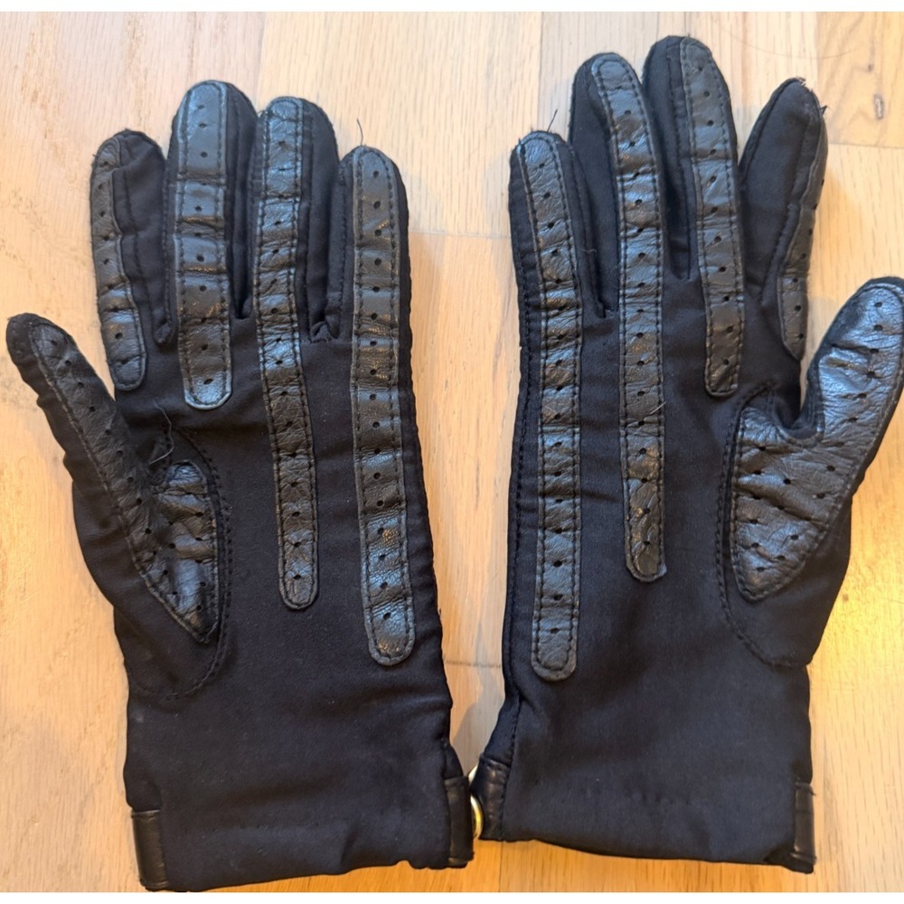 Vintage 80s Isotoner Black Spandex Leather Driving Gloves One Size Minimalist